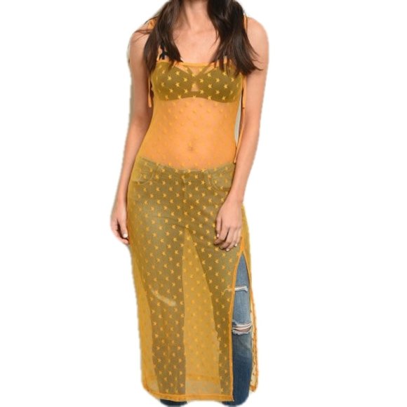 Slip Dress Sheer Long Yellow Mustard NWT Large - Picture 1 of 6